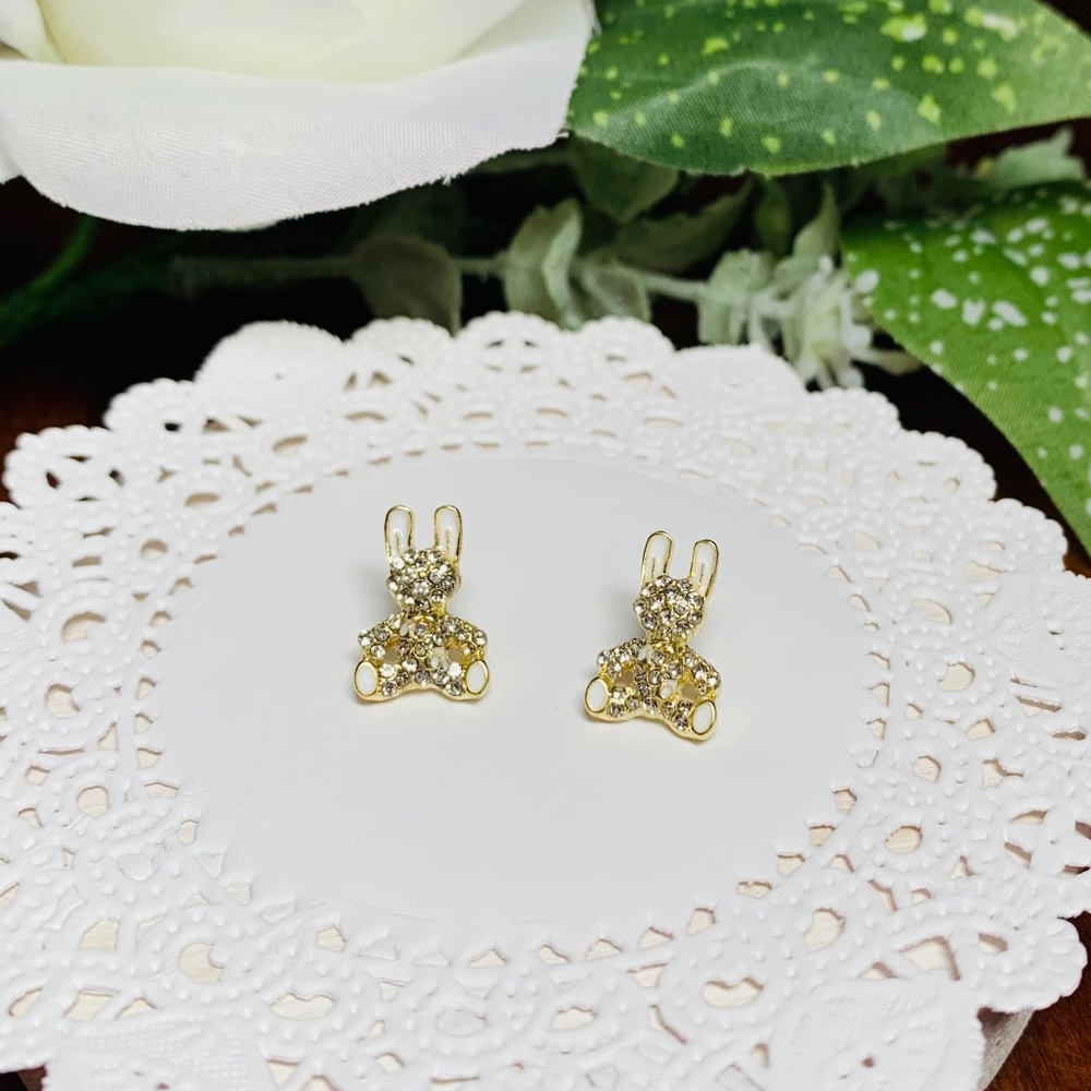 Crystal and Enamel Bunny Rabbit Stud Earrings, hypoallergenic.